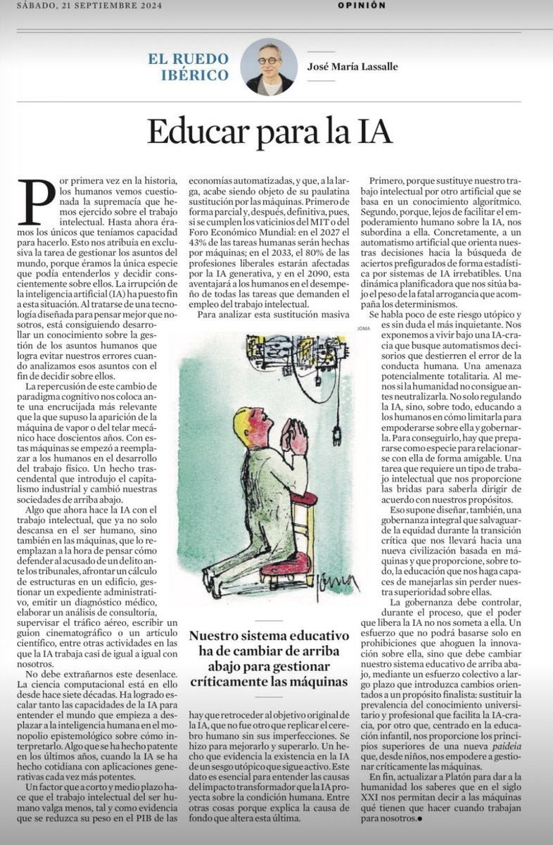 montse_herrera's tweet photo. Sustituir la prevalencia del conocimiento universitario y profesional que facilita la IA-cracia, por otro que, centrado en la educación infantil, nos proporcione los principios superiores de una nueva paideia que nos empodere a gestionar críticamente las máquinas.👇🏼 https://t.co/3K1EFgJX1p