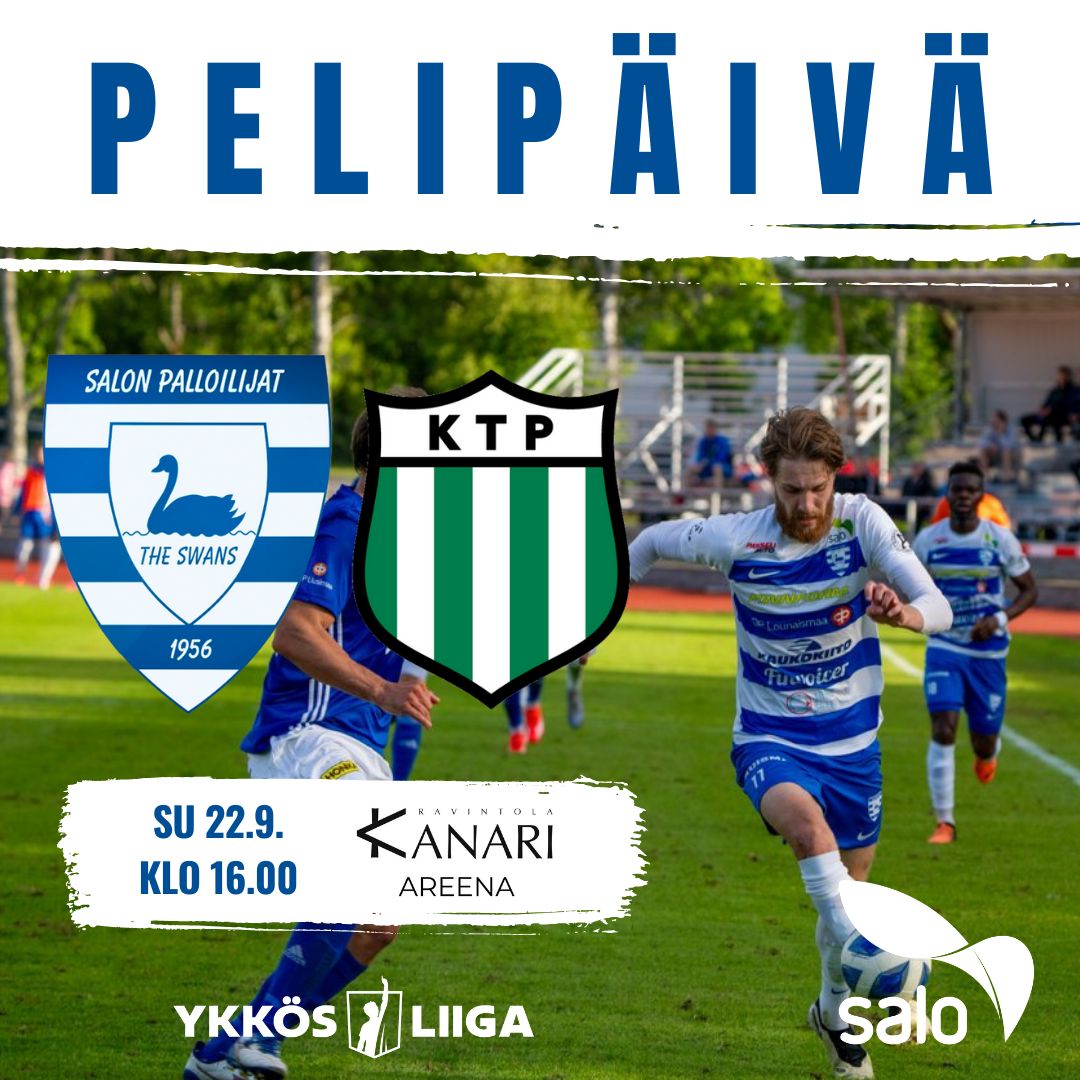 Pelipäivä - kotipeli! 🔥 

🆚️ SalPa - KTP
⏰️ Su 22.9. klo 16.00
⚽️ Salon Urheilupuisto, Kanari Areena
💶 Normaali lippu 10€ / tukilippu 20€ / alle 16v ilmaiseksi 
Ennakkoliput: joutsenlauma.fi/event-details-… 

Kannustetaan ja tuetaan omia &amp; nähdään matsissa!