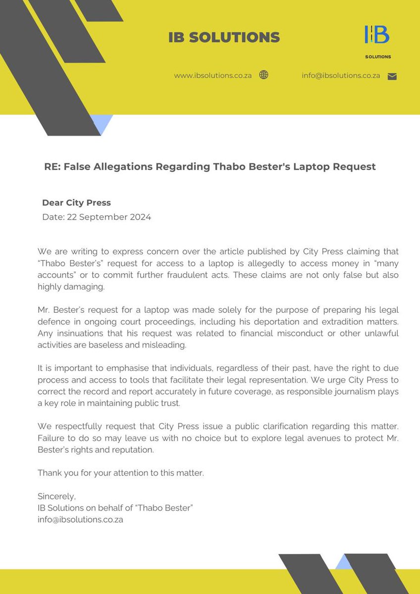 TrueNorthThabo's tweet photo. False allegations circulating regarding Thabo Bester’s request for a laptop are deeply concerning. We urge the media to report responsibly and factually.
#thabobester #FairTrial #JusticeForAll 
@MapulaRainQueen @City_Press https://t.co/lS8XH7rOSc