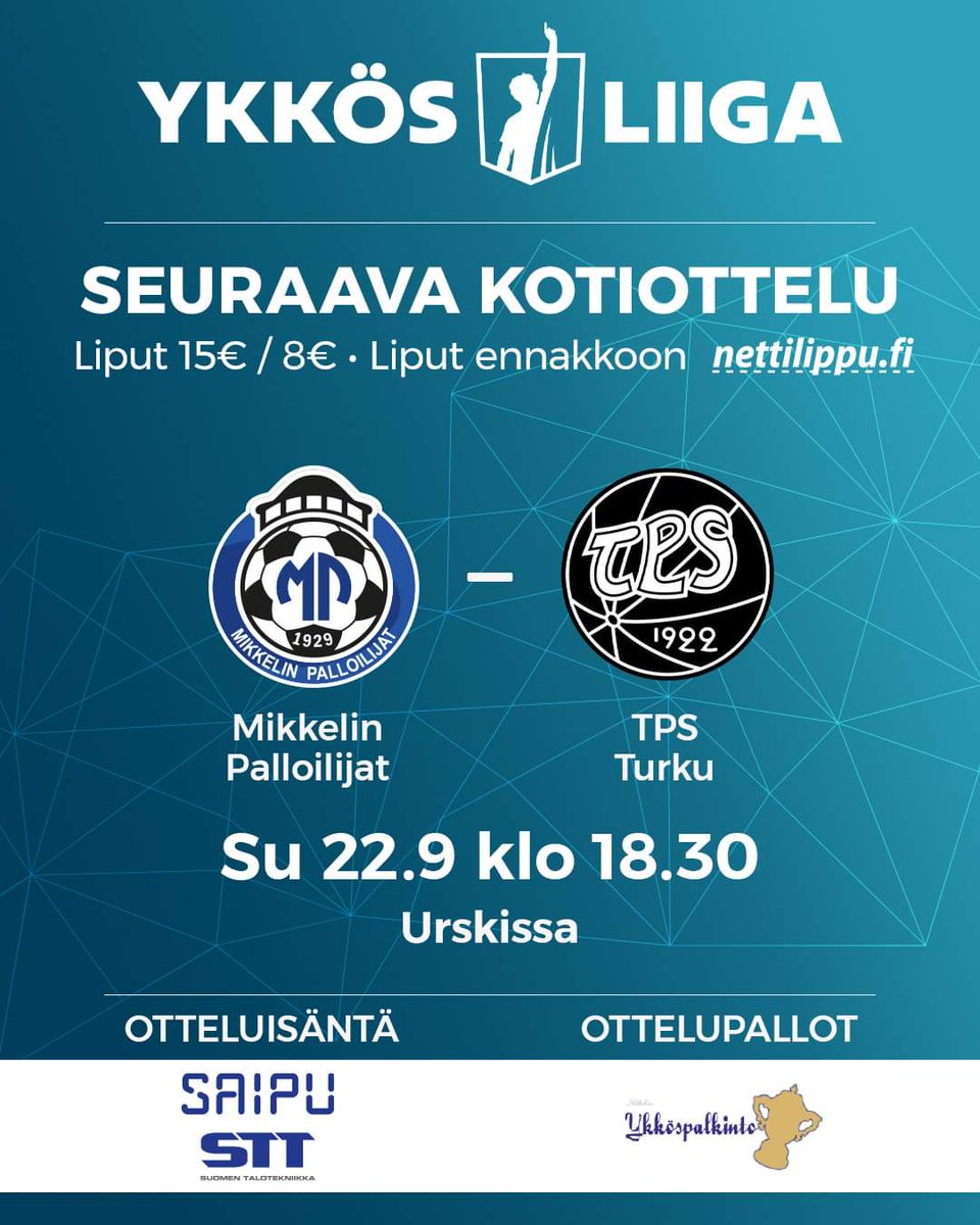 PELIPÄIVÄ ⚽️ 

MP 🆚 <a href="/TPSjalkapallo/">TPS Jalkapallo</a>
🎩 Saipu-STT
⚽️ Mikkelin Ykköspalkinto
🏟 Urski
⏰ 18.30 (portit auki 17.30)
🎫 15 € / 8 € (Liput ennakkoon: Nettilippu)
📺 Ruutu Urheilu

📝 Otteluennakko ja ottelutapahtuman info: mikkelinpalloilijat.fi

Tervetuloa! 💙
