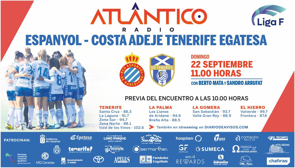 🚨¡𝗠𝗔𝗧𝗖𝗛 𝗗𝗔𝗬!🚨

⚽️ <a href="/RCDEFemeni/">RCD Espanyol Femení</a> - @UDCATenerife 

🏟️ C.Dep. Dani Jarque 
⏰ 11:00h (10:00 en directo)
🗓️ Jornada 3, <a href="/LigaF_oficial/">Liga F</a> 

🎙️ <a href="/mata_berto/">Berto Mata</a>  
🎙️ <a href="/sandroarrufat/">Sandro Arrufat</a> 
🗣️ @javidelgado1977 
 
📻<a href="/atlantico_radio/">Atlántico Radio</a> 
📲 APP y TDT
💻 diariodeavisos.com 
📩 651 37 37 37