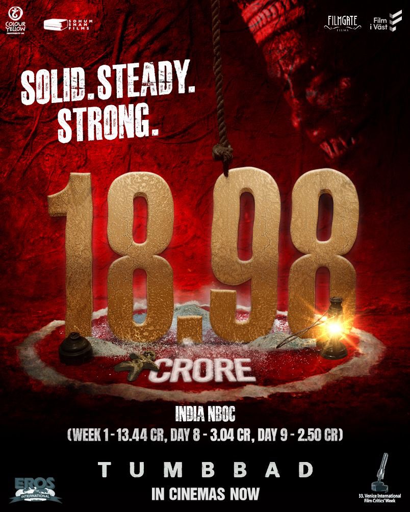 BOWorldwide's tweet photo. Tumbbad Day 9 Box Office Collection: Sohum Shah’s Cult Horror Film Set To Cross Fantastic 21.50 Crore After 2nd Week Today!
https://t.co/QxyajMNLn2
#tumbbad #sohumshah #rahilanilbarve @s0humshah @sohumshahfilms @BarveRahi @ErosNow @cypplOfficial https://t.co/SYGjy9F19f