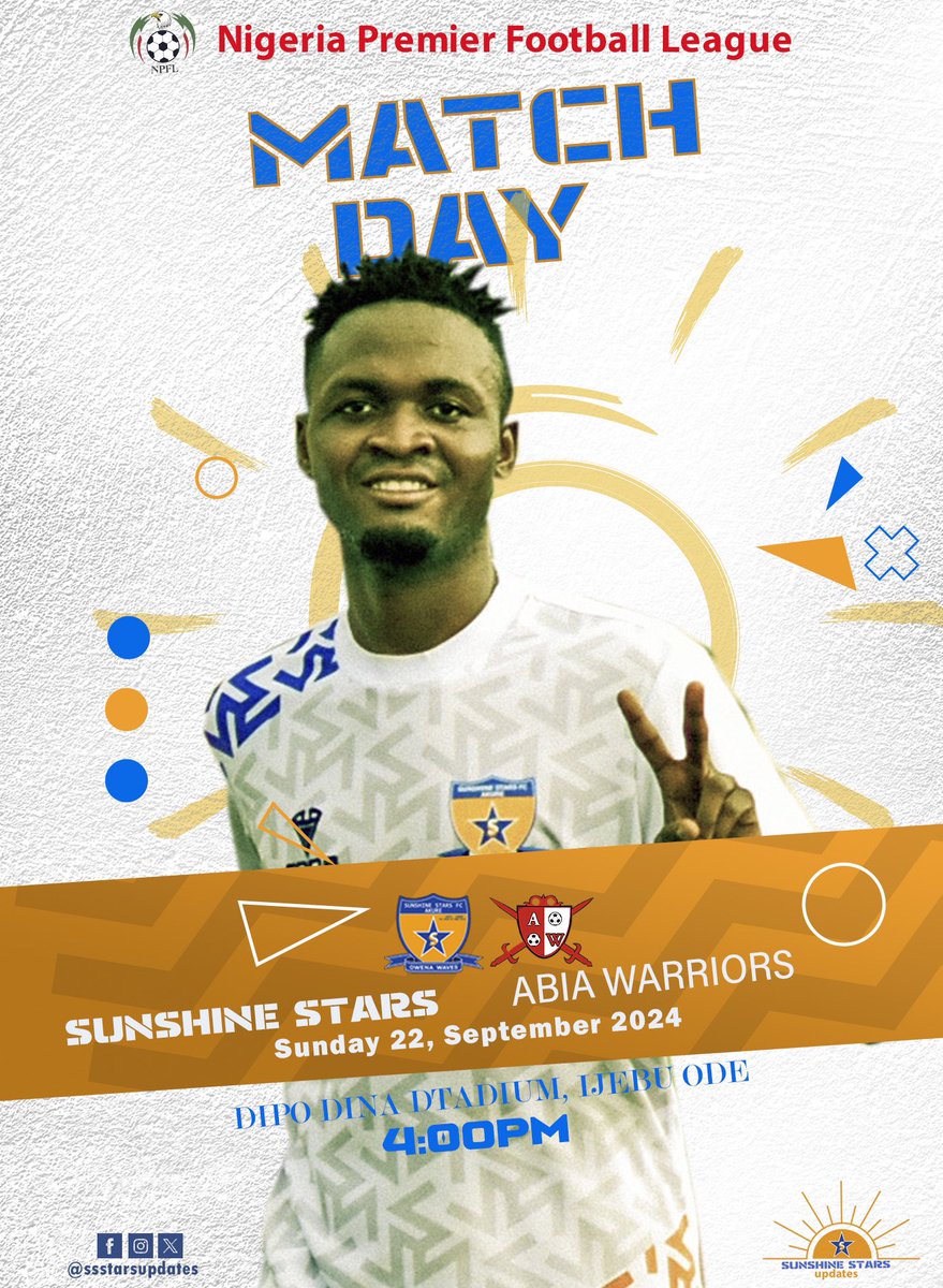 ssstarsupdates's tweet photo. M A T C H D A Y 3️⃣
Get ready for a delightful Super Sunday against @AbiaWarriors
🏟️ Dipo Dina Stadium, Ijebu ode
🕓 4pm
🟠⚪️🔵✨
#SUNABI
#NPFL25
#Owenawhales
#SunshineStarsUpdates https://t.co/0GGvHg829x