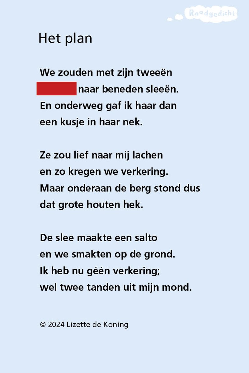 RAADGEDICHT! Week 3. Het raadgedicht 'Het plan’ van Lizette de Koning staat online. * Graag invullen op de WEBSITE RAADGEDICHT en niet hier! * Ga naar raadgedicht.nl/het-plan-lizet… om mee te doen. Tot donderdag 16 uur kun je je oplossing insturen.