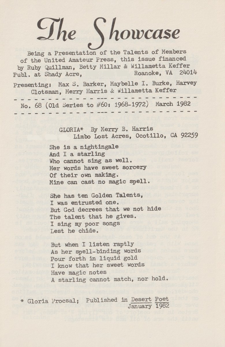 JakeJournals's tweet photo. "She is a nightingale
And I a starling
Who cannot sing as well.
Her words have sweet sorcery
Of their own making.
Mine can cast no magic spell."
Excerpt from Gloria by Merry B. Harris.
Maybelle Iren Burke shares a story about a snowstorm and pancakes in Glenn, Michigan, in The Showcase, Number 68.
#Poetry #PoetryLover #PoetryCommunity #Snowbound #AuntJemima #Pancakes #GlennMichigan #TheShowcase #AmateurJournalism #UnitedAmateurPress #ExpressYourself #WritingCommunity
https://t.co/GN44yUA1Fb