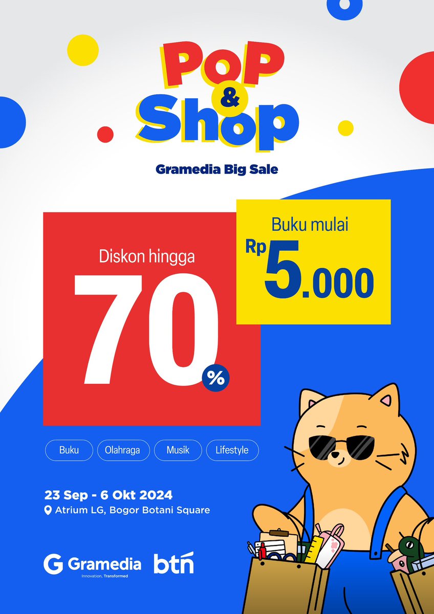 H-1🥳🎉

Konsep baru dari Buka Gudang Gramedia🥰✨

Informasi list produk diskon up to 90% bisa DM admin yaaa🥰✨

📌 Atrium LG Mall Botani Square
📅 23 Sep - 6 Okt 2024

#gramedialebihdekat 
#gramediabotanisquare 
#gramediapopshop 
#popandshop 
#lebihdekat