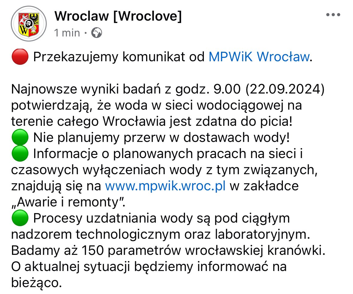 🔴 Przekazujemy komunikat od <a href="/MPWiKWroclaw/">MPWiK Wrocław</a>.