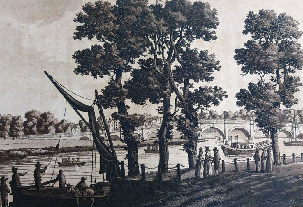 BCLocalHistory's tweet photo. OTD in 1789 the second Kew Bridge, built entirely of stone, was opened by George III, 30 yrs after he had opened the first bridge whilst Prince of Wales. A celebration dinner was held at the nearby Star &amp; Garter hotel. Engraving from 1792 from @LaytonTrust https://t.co/5b2SBbHo0V https://t.co/gHA6lIyFc2