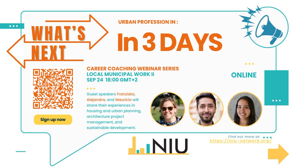 NUrbanists's tweet photo. 🌟 Just 3 days until 'What's Next?' for local #municipal work Part 2! 🏛️ Are you interested in a career path in the #publicsector and want to learn how they contribute to #sustainable #urban development? Our speakers  have you covered! Scan the QR code and share it with friends. https://t.co/5BVx7hHVHq