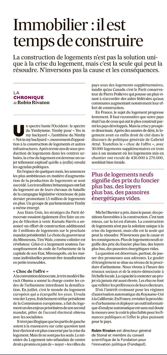 Comme je l'évoquais dans Les Echos, Keir Starmer a présenté hier la procédure d'approbation automatique des demandes de permis de construire qui respectent des critères prédéterminés

Une révolution du droit de l'urbanisme qu'il faut mener en France

theguardian.com/business/2024/…
