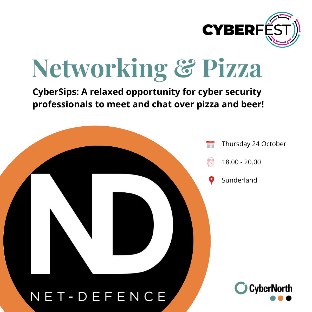 #CyberFest event #20: 
Pizza &amp; Networking
Join us for <a href="/NetDefenceWW/">Net Defence</a> 's CyberSips Pizza &amp; Networking evening in Sunderland.
24 Oct 18:00 to 20:00
cybernorth.biz/event/cyberfes…