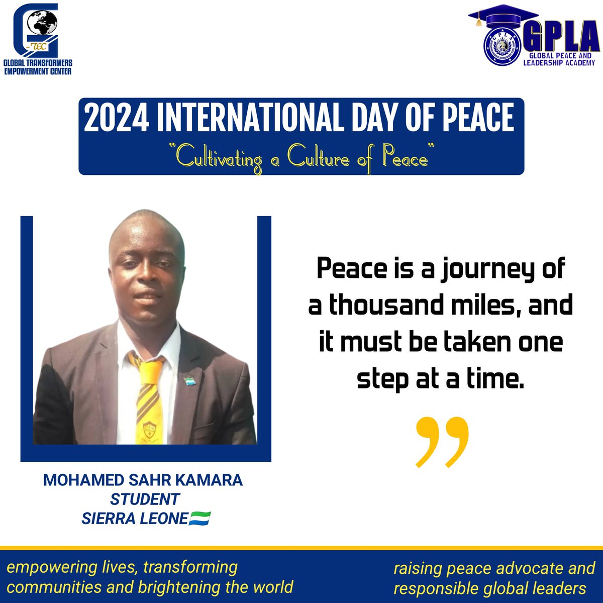 GlobalT29's tweet photo. 2024 International Day of Peace

Young Voices For Peace (YVFP)

Meet Mohamed S. Kamara from Sierra Leone 🇸🇱, a Bachelor's Degree in Mass Communication student.  
#YouthPeaceLeadership
#CommunityTransformer 
#GlobalTransformer
#Peace4Africa
#Peace4TheWorld
#YPS https://t.co/ooVP2qEEgV