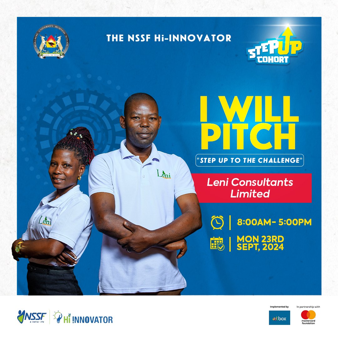 MUBS Ent'ship Innovation & Incubation Centre (@mubs_entreship) on Twitter photo As part of the #NSSFHiInnovator tradition, we recognize businesses driving economic and social growth, like these incredible teams that will pitch at #StepUpCohort.
First up:
Leni Consultants Limited
Who are you most excited to see pitch? Let us know!
#MUBSEIIC
<a href="/nssfug/">NSSF Uganda</a> As part of the #NSSFHiInnovator tradition, we recognize businesses driving economic and social growth, like these incredible teams that will pitch at #StepUpCohort.
First up:
Leni Consultants Limited
Who are you most excited to see pitch? Let us know!
#MUBSEIIC
<a href="/nssfug/">NSSF Uganda</a>