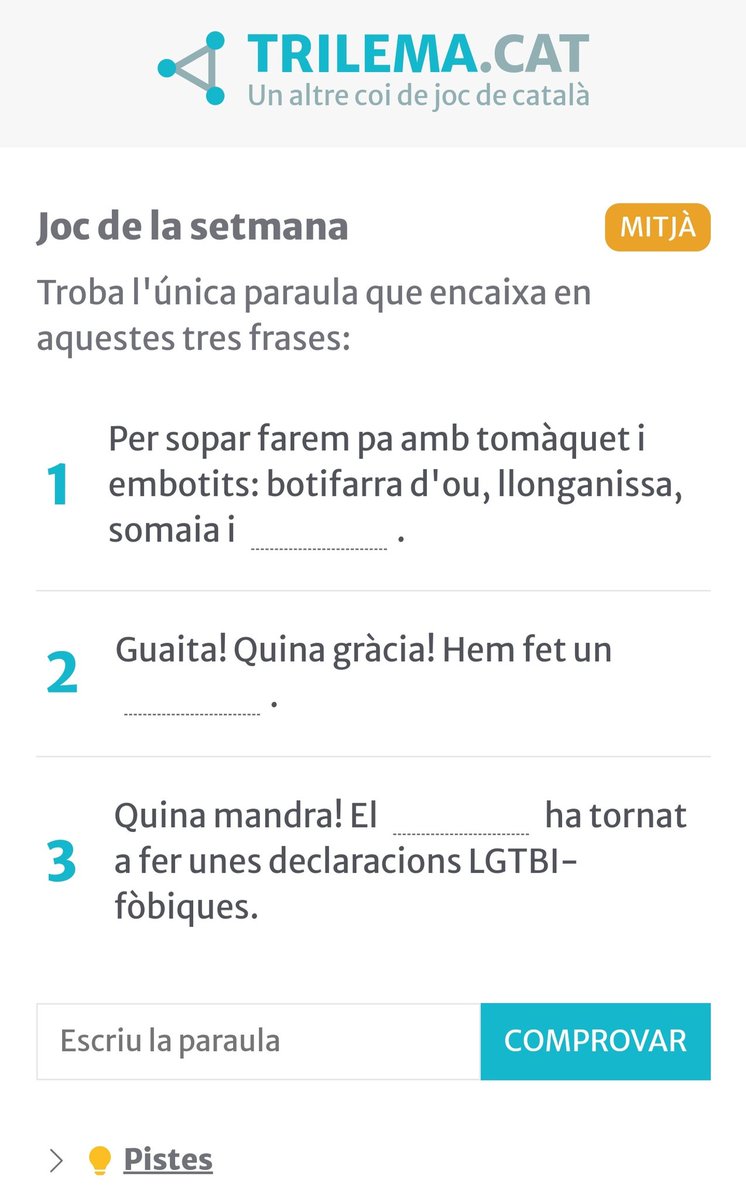 trilema_cat's tweet photo. Ja és aquí el trilema del 22 de setembre!

🥳🥳🥳

#llengua #català #joc #jocdellengua #llenguacatalana 

👉🏼 https://t.co/tK76jY3vHH https://t.co/bImN8zjKKZ