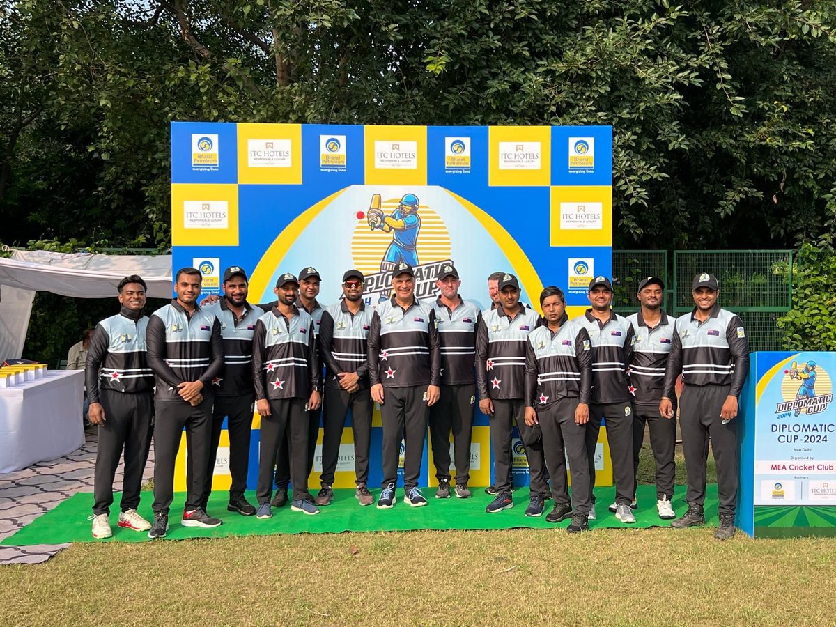 NZinIndia's tweet photo. 🎊🎉Our team is off to a winning start at the Diplomatic Cup cricket tournament! A nailbiter of an opening game vs MEA! 🏏#SuperSunday #cricketnation https://t.co/x1amdVpLOT