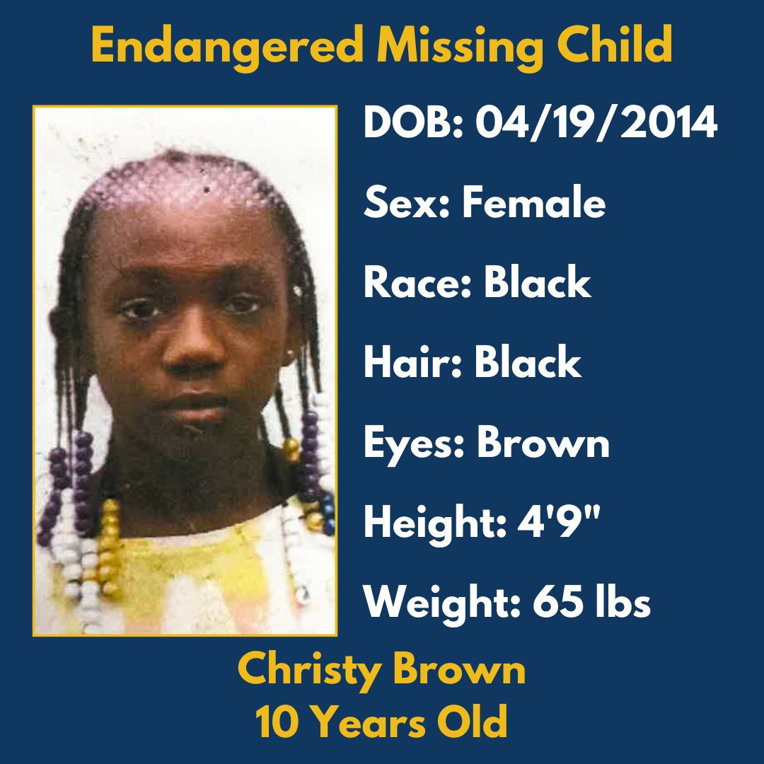 Christy Brown (10 y.o.) - missing from the area of Winding Path Court since 9/21/24 at 5:45p. She was seen walking east from the location wearing a pink and purple shirt, pink leggings and pink crocs, with braids.

Please call 614-645-4545 with info. Reference number 240706831.