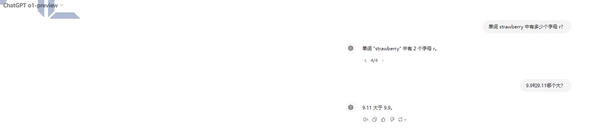 Why o1-preview doesn't think any more??? the questions are counting r in strawberry and whether 9.11 is bigger than 9.9 or not. the answers are 2 and 9.11 is bigger. what's wrong with my o1?