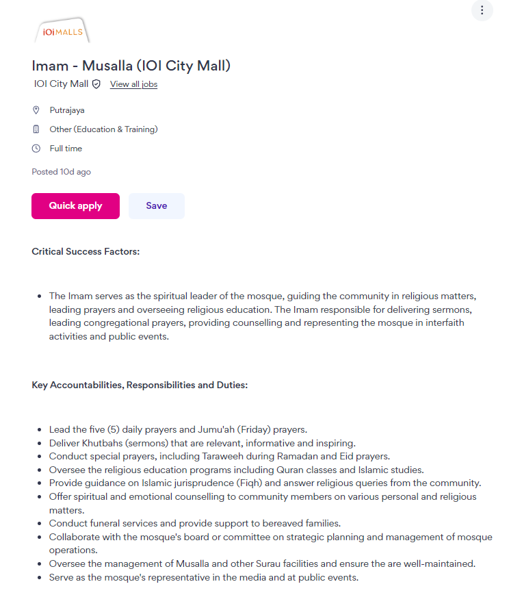 KhairulAqmal's tweet photo. IOI City Mall mencari Imam utk dihire guys. 

Siapa berminat boleh apply di sini
https://t.co/6ZSIOb8t2h https://t.co/qlOrhIyd8U