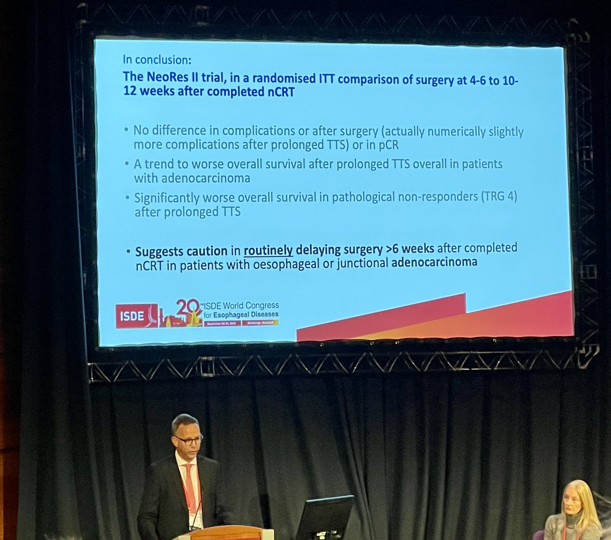 Sabita Jiwnani (@drsabita) on Twitter photo <a href="/MagnusNsurgonc/">Magnus Nilsson</a> cautioning us against routinely delaying surgery after chemo radiation
Esophagectomy at 4-6 weeks vs delayed to more than 12 weeks
#ISDE2024 @ISDE <a href="/DOTEsophagus/">Diseases of the Esophagus Journal</a> <a href="/MagnusNsurgonc/">Magnus Nilsson</a> cautioning us against routinely delaying surgery after chemo radiation
Esophagectomy at 4-6 weeks vs delayed to more than 12 weeks
#ISDE2024 @ISDE <a href="/DOTEsophagus/">Diseases of the Esophagus Journal</a>