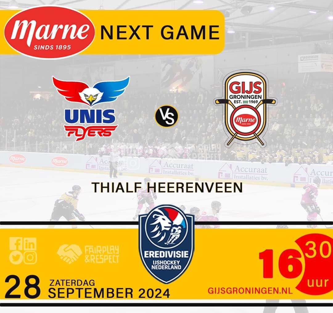 GIJSGroningen's tweet photo. NEXT GAME | Speelronde 1

De eerste competitiewedstrijd van het nieuwe Eredivisie ijshockeyseizoen 2024-2025.  

BEN JIJ ERBIJ ???

#IJshockey #Eredivisie #GJJSMarneGroningen #UNISFlyers #Heerenveen #Thialf https://t.co/fD8oB6c5mm