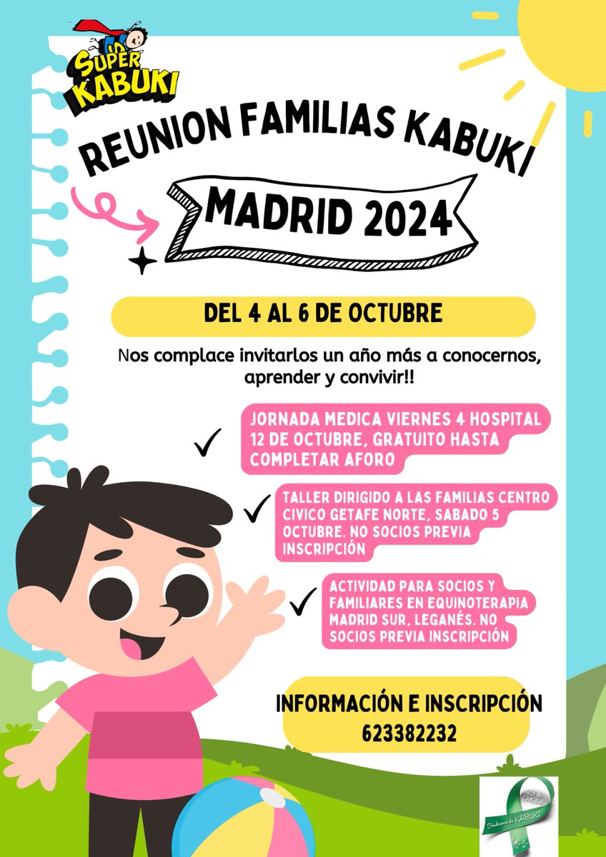 💚¡Se acerca la fecha! 💚 No te pierdas nuestra Reunión de Familias Kabuki en Madrid del 4 al 6 de octubre. Más información 👇🏼

#kabukisyndrome 
#sindromekabuki