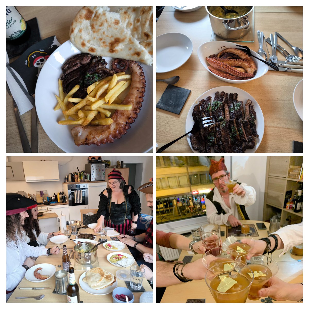 Knotty_Stitch's tweet photo. When it’s #SeaofThievesCommunityWeekend so you have a #BeMorePirate dinner party with dishes and drinks from @Gato_Pub’s #SeaOfThievesCookbook, and a round of #LyingPirates https://t.co/fOYNC2a42y