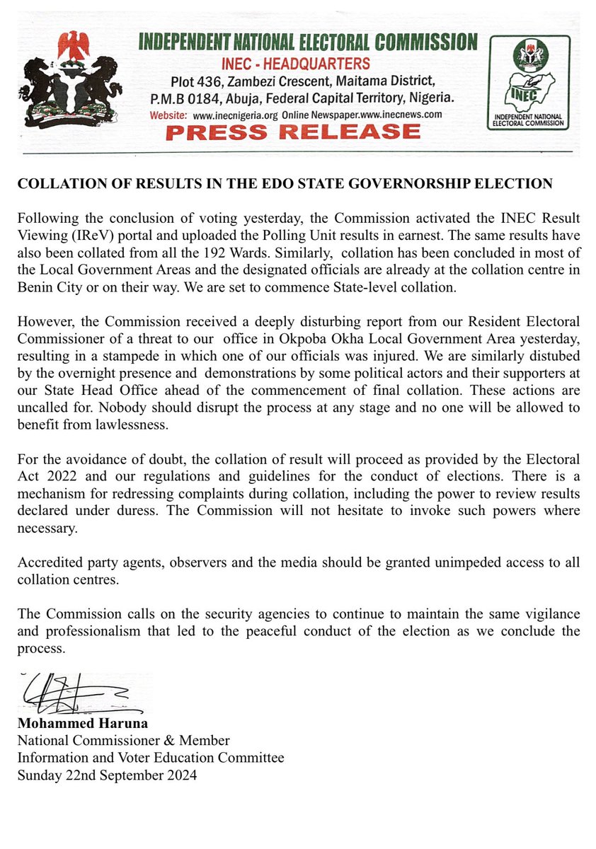 inecnigeria's tweet image. COLLATION OF RESULTS IN THE EDO STATE GOVERNORSHIP ELECTION
 
Following the conclusion of voting yesterday, the Commission activated the INEC Result Viewing (IReV) portal and uploaded the Polling Unit results in earnest. The same results have also been collated from all the 192…