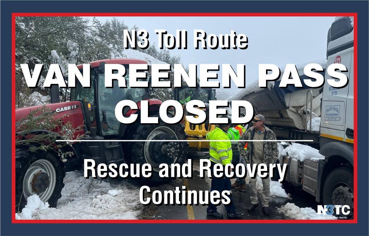 AmbPrincely's tweet image. South Africa N3TrafficAlert 

Rescue &amp;amp; Recovery continues on #VanReenenPass. #N3TollRoute is CLOSED from TUGELA PLAZA to HARRISMITH. #LightMotorVehicles are being escorted towards KZN. Trucks are stacked on scene. #FollowSafetyInstructions #RemainPatientAndVigilant!