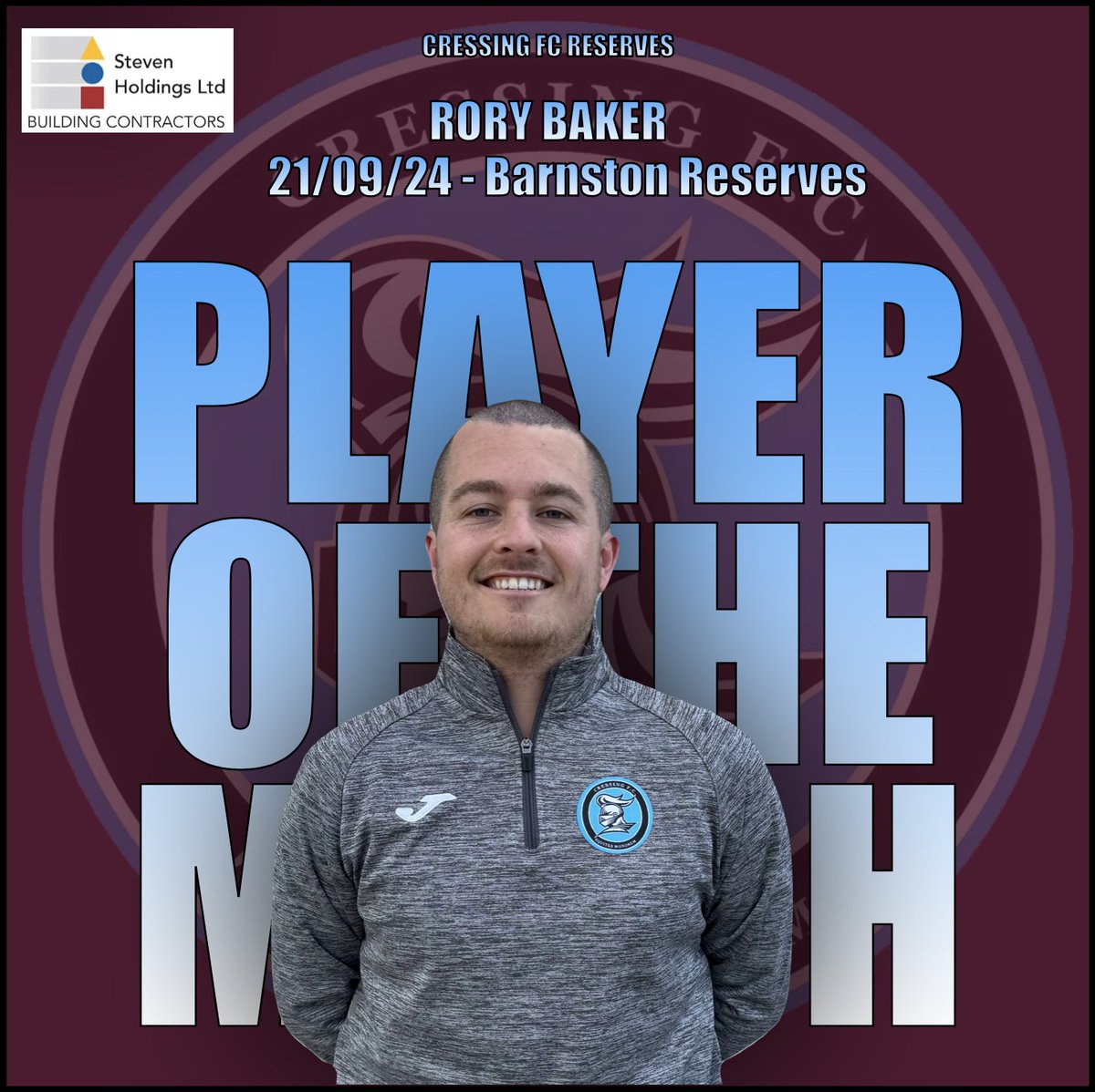 CressingFC's tweet photo. POTM - Reserves⚽️

Yesterday’s POTM is Rory Baker💥

‘It was a positive seeing Rory back on the pitch in a Cressing shirt after a heavy injury’

Up the Cressing! ⚽️

#CressingFC
#StevenHoldingsLTD
#UTC https://t.co/y7mrdhxd24