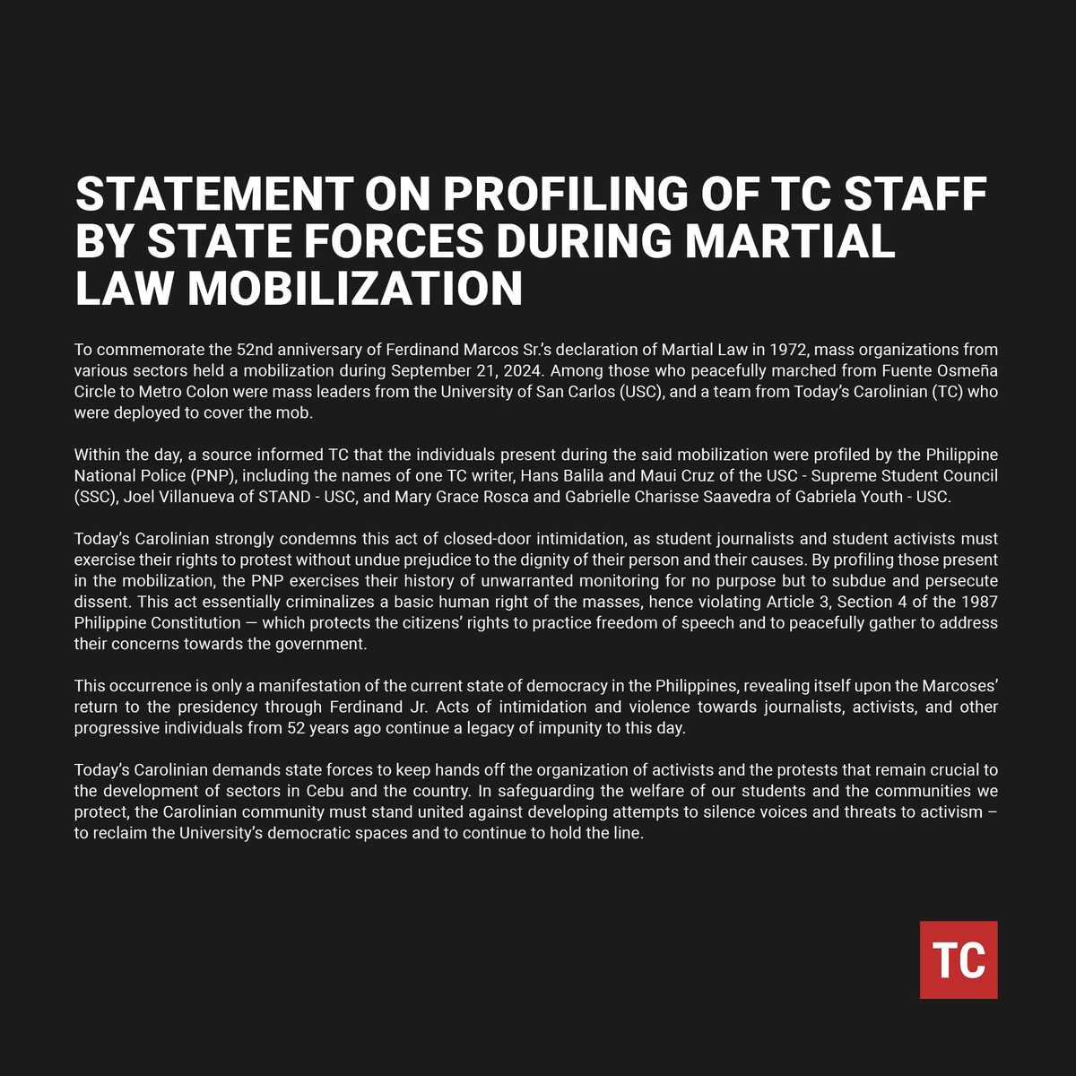 todaysusc's tweet photo. Statement on Profiling of TC Staff by State Forces During Martial Law Mobilization

To commemorate the 52nd anniversary of Ferdinand Marcos Sr.’s declaration of Martial Law in 1972, mass organizations from various sectors held a mobilization during September 21, 2024. https://t.co/uCXB84xcjD