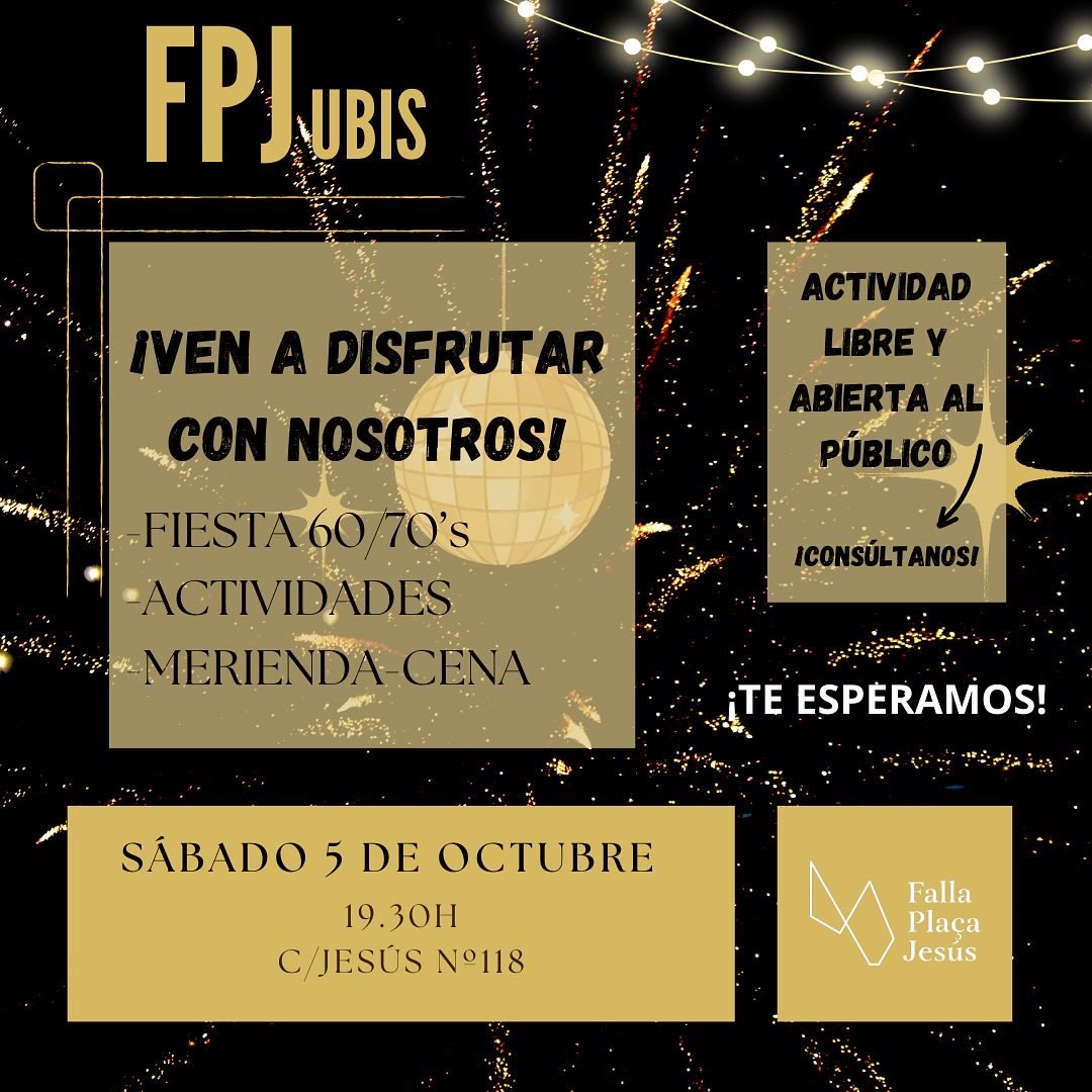 ✨FPJUBIS✨
Una festa ambientada en la dècada dels 60/70 en la qual els nostres majors seran els protagonistes i ens ensenyaran el bé que s’ho passaven en la seua època.
T’apuntes?🕺🏼🎶🥳
 info@fallaplazajesus.es
#jubis #fpj #60 #70 #festa