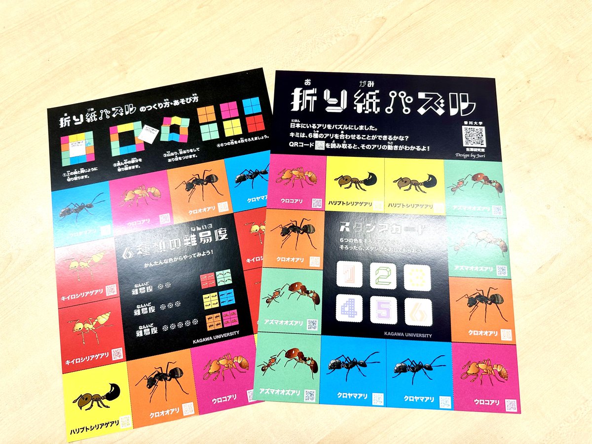Juryoshi's tweet photo. #折り紙パズル🧩を作りました。同じ色を4枚そろえるものです。
10月13日の#未来からの留学生　の一環でやります！
みなさん、遊びに来てください。
#香川大学 https://t.co/OwDz14EEsI