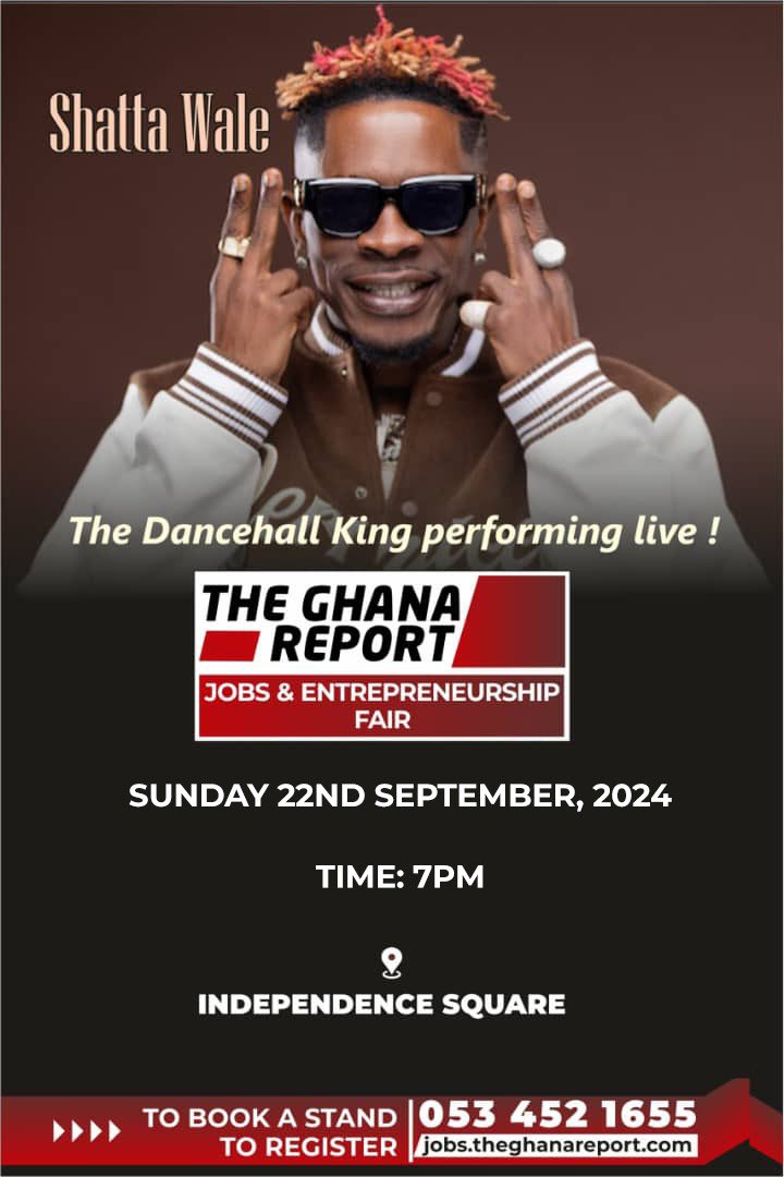 The King of Africa Dancehall, King Shatta Wale, is performing live today at The Ghana Report JOBS &amp; ENTREPRENEURSHIP FAIR at the Independence Square. 7pm sharp
#GhanaJobsFair
#YouthEntrepreneurship2024
