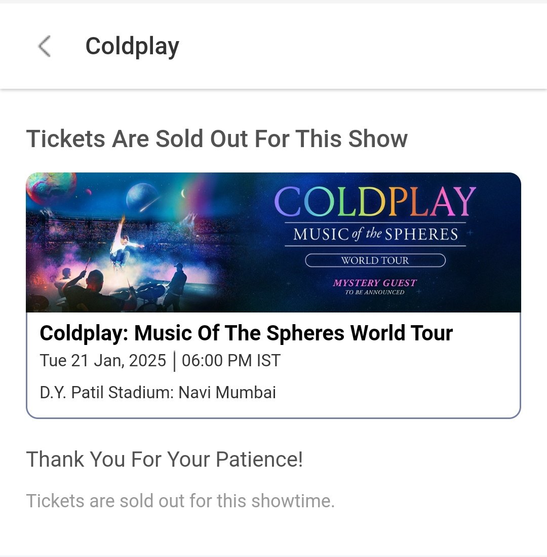 Akki42Akshay's tweet photo. @coldplay The 3rd day is sold out as well. I patiently waited for 3 hours in que @coldplay please help me get 2 tickets... I wanted to surprise my girlfriend and propose to her over there... https://t.co/KlD29q8Nce