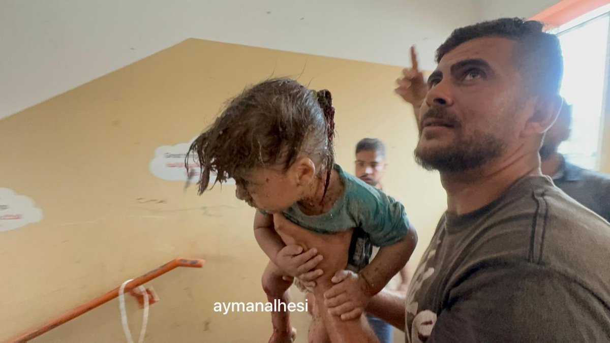 QudsNen's tweet photo. BREAKING: Children injured in an Israeli massacre at Kafr Qassem School, targeted by Israeli forces in the al-Shati refugee camp west of Gaza City. At least seven Palestinians were killed in the deadly attack. https://t.co/DD61D3ktzE