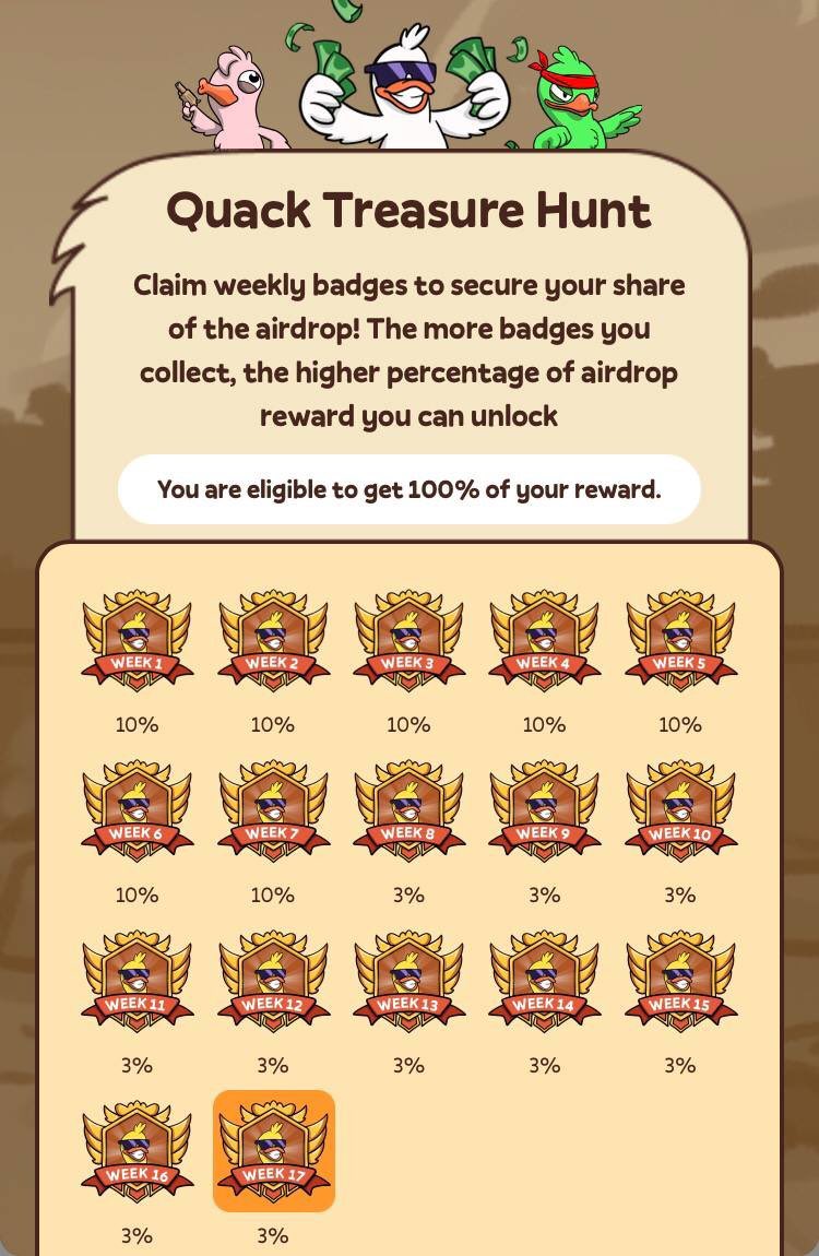 Who's ready to grab that 100% airdrop reward? 🎉 

Show off your 17th badge screenshot! 🦆

#QuackQuack 🦆🦆🦆