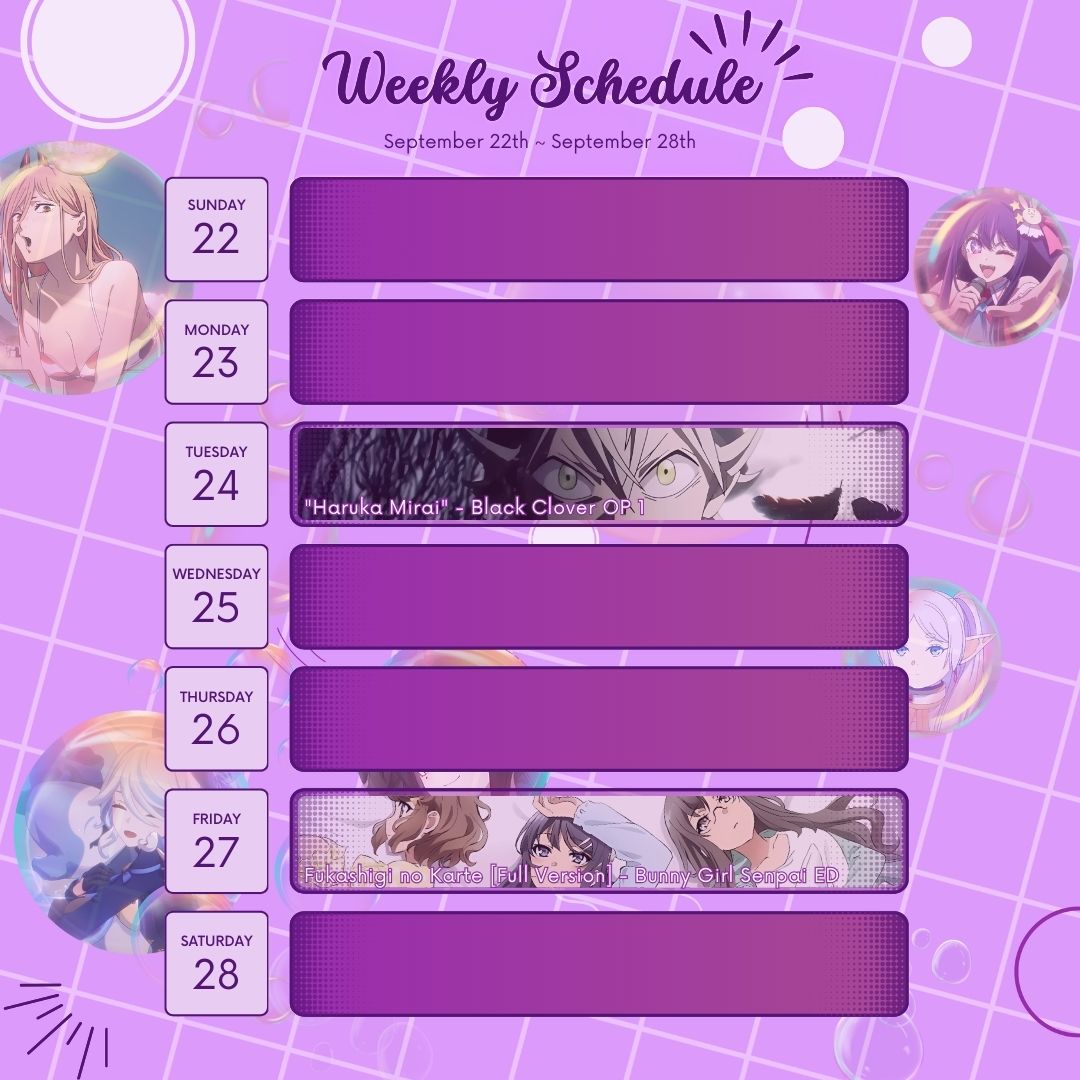 RDC_28_'s tweet photo. 🎹 Upcoming Piano Arrangements! 🎹

Hey everyone! 🌟 Check out my upcoming piano arrangements:

- September 24th: 🎶 "Haruka Mirai" - Black Clover OP 1
- September 27th: 🎶 "Fukashigi no Karte" - Bunny Girl Senpai ED

#PianoArrangements #AnimeMusic #WeeklySchedule 🎵 https://t.co/EfjlkAF8c7