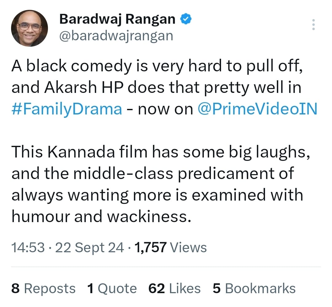 FamilyDrama2024's tweet photo. Thank You @baradwajrangan ✨

Watch #Familydrama - Now on @PrimeVideoIN 

https://t.co/WZElPt0R3n

#FamilyDrama #FamilyDramaTheFilm #FamilyDramaKannadaFilm  #KannadaFilm
#PrimeVideo https://t.co/WySxF4HZY3