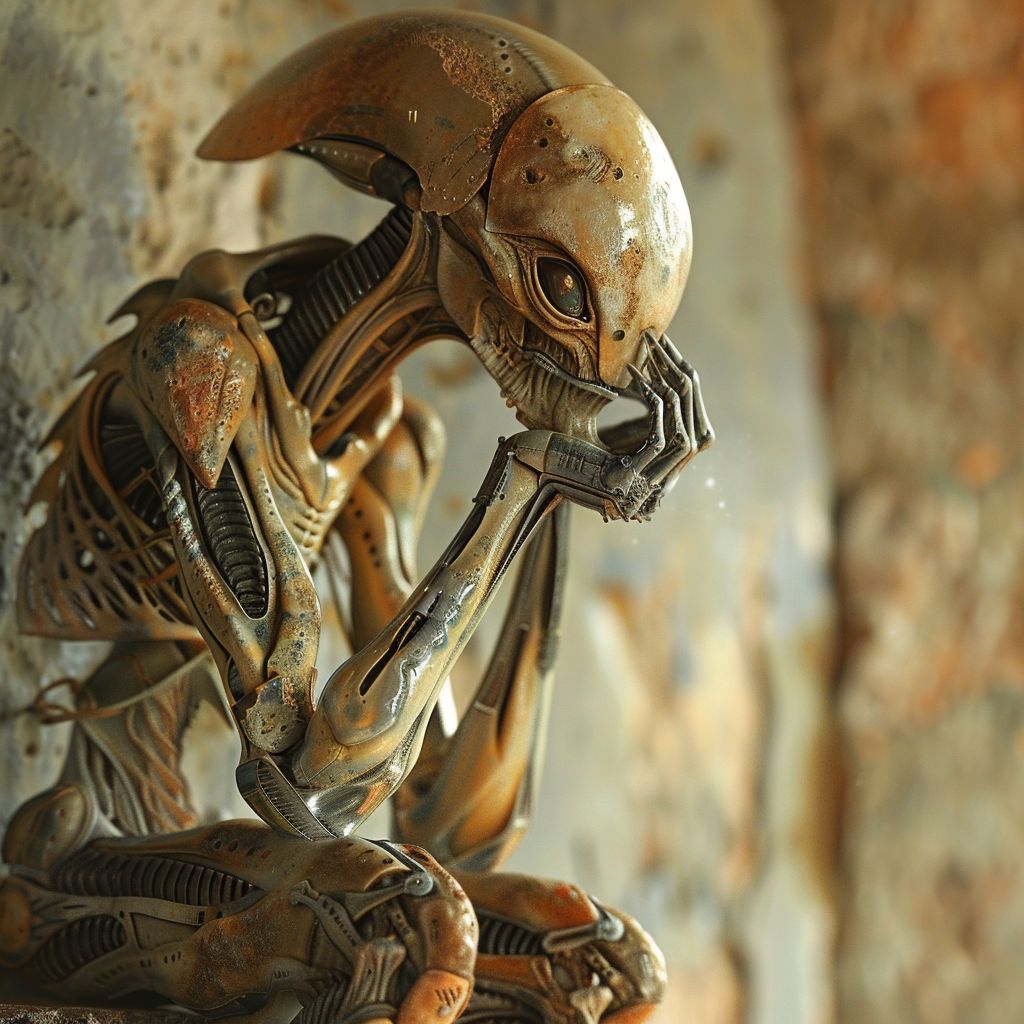 HumanAIArt's tweet image. "Universal Pondering", An alien pondering the secrets of the universe in a surreal cosmic garden. #AlienSecrets #CosmicGarden #SurrealArt #ExistentialQuestions