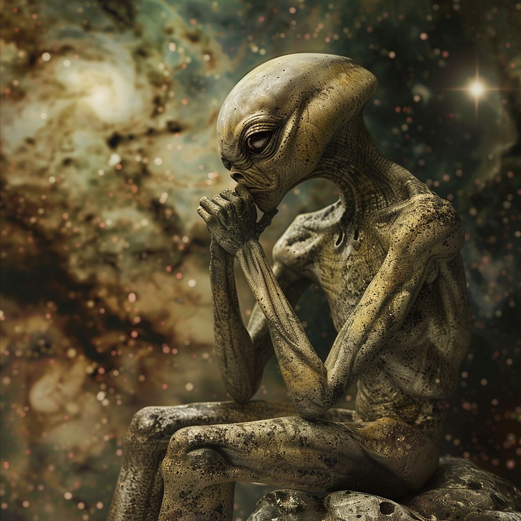 HumanAIArt's tweet image. "Universal Pondering", An alien pondering the secrets of the universe in a surreal cosmic garden. #AlienSecrets #CosmicGarden #SurrealArt #ExistentialQuestions