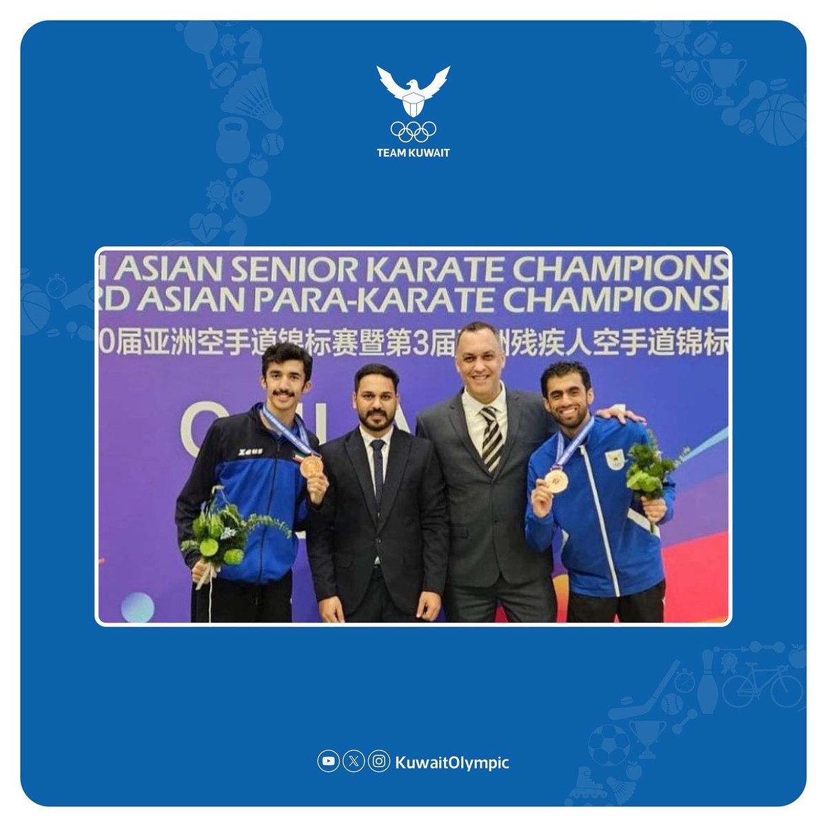 kuwaitolympic's tweet photo. حقق لاعبو منتخبنا الوطني للكاراتيه ميداليات متنوعة في بطولة آسيا للكبار للكاراتيه المقامة في مدينة هانغزو الصينية وجاء توزيع الميداليات : 

البطل سيد محمد الموسوي 🇰🇼البطل محمد احمد بدر 🇰🇼
البطل سيد سلمان الموسوي 🇰🇼البطل صقر سامي الدباسي 🇰🇼
الميدالية الذهبية 🥇
لفئة كاتا فرق 

البطل سيد سلمان الموسوي 🇰🇼
الميدالية الفضية 🥈
لفئة كاتا فردي

البطل عبدالله عبدالعزيز شعبان 🇰🇼
الميدالية البرونزية 🥉
فئة كومتية فردي

البطل سالم العجمي 🇰🇼
الميدالية البرونزية 🥉
فئة كومتية فردي

#اللجنة_الأولمبية_الكويتية
#TeamKuwait