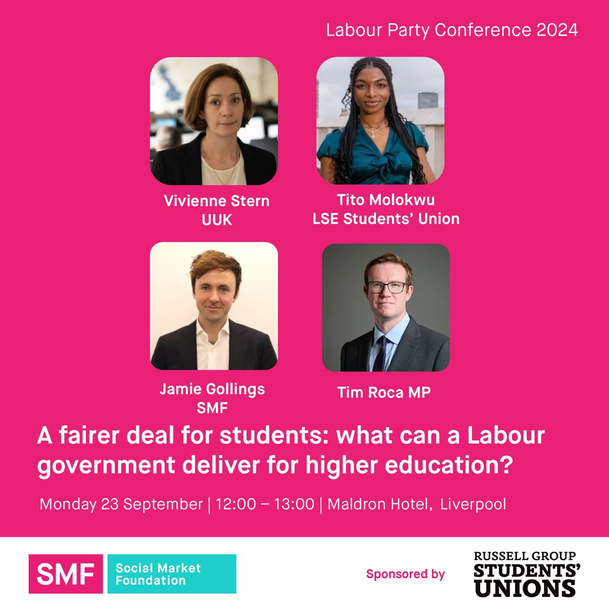 SMFthinktank's tweet image. #LPC24👇TOMORROW 12pm👇
🧑‍🎓A fairer deal for students: what can a Labour government deliver for higher education?

Hear from: @viviennestern, @Tim_Roca MP, Tito Molokwu (@lsesu), and SMF’s @jamiegollings

Kindly supported by @RussellGroupSUs