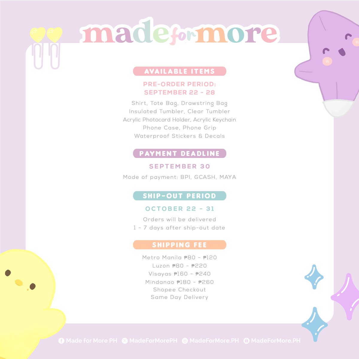 madeformoreph's tweet photo. ✨ I'm stanning, #JUST_STANN1N6_IU ✨

Pre-order period for our #IU_16th_Anniversary-inspired collection is now open! 🦁🦡🌵🌟🐰🐥🥑 

• Payment deadline: Sept 30
• Shipping period: Oct 26-31

🔗 https://t.co/4Njo34BT0O

#아이유 #IU #UAENA
#THE_WINNING #HEREH_WORLD_TOUR https://t.co/5B7Je3EYrF