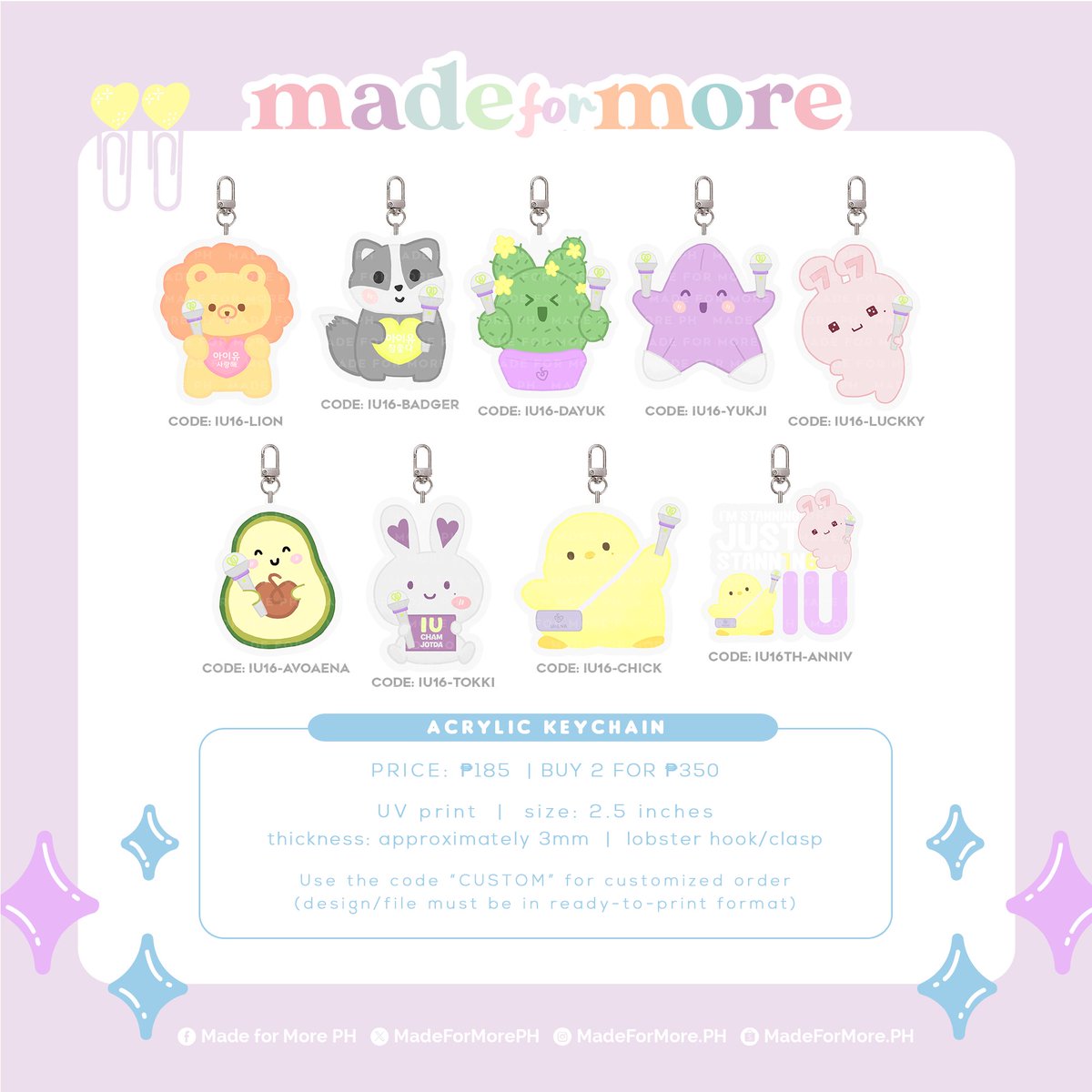 madeformoreph's tweet photo. ✨ I'm stanning, #JUST_STANN1N6_IU ✨

Pre-order period for our #IU_16th_Anniversary-inspired collection is now open! 🦁🦡🌵🌟🐰🐥🥑

• Payment deadline: Sept 30
• Shipping period: Oct 26-31

🔗 https://t.co/4Njo34BT0O

#아이유 #IU #UAENA
#THE_WINNING
#HEREH_WORLD_TOUR https://t.co/JsVjObbNgr