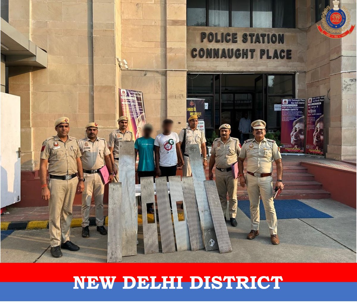DCPNewDelhi's tweet photo. Two notorious night burglars and one stolen property receiver arrested by the team of Connaught Place police station. 8 escalator plates recovered and 9 theft cases solved. Kudos to the team!
@DelhiPolice
#CrimePrevention https://t.co/dDVH9mKRAp