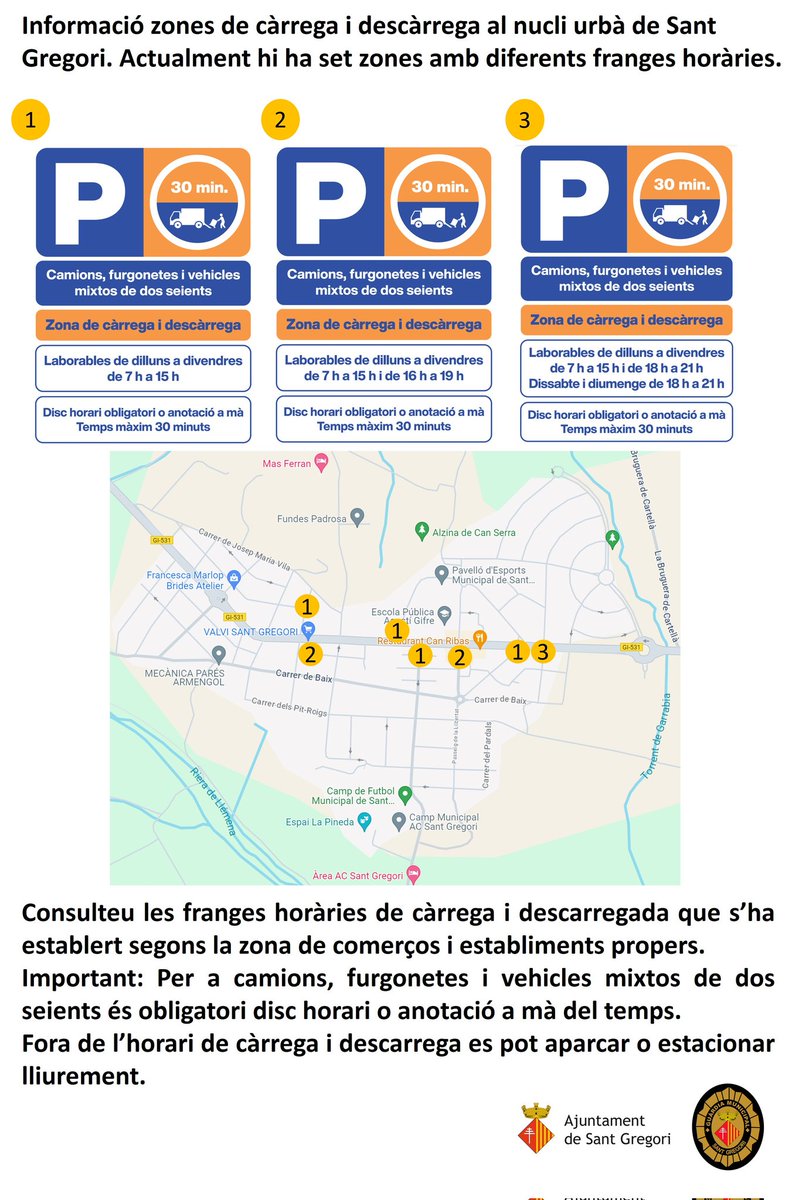 GMsantgregori's tweet photo. 🚚 Nous horaris de les zones de càrrega i descarrega a Sant Gregori.
ℹ️ Al nucli urbà de Sant Gregori hi ha 7 zones amb 3 horaris diferents segons les necessitats dels establiments o comerços.
⏱️ El rellotge horari només és per transportistes. https://t.co/CAkNDzBHWU