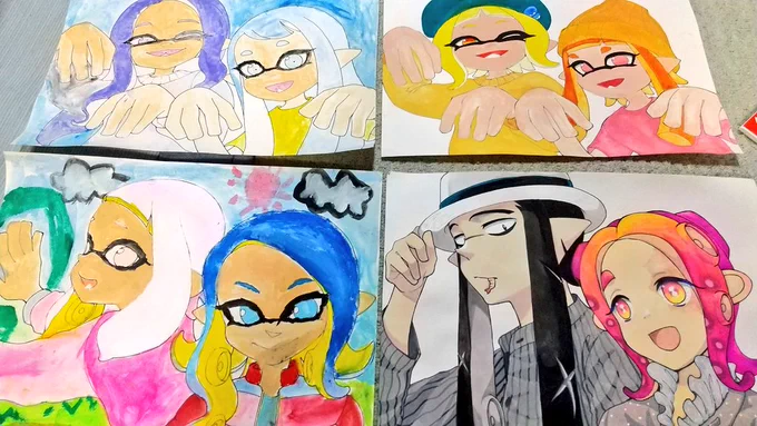 塗り絵大会 終了。お母さんは終始ガチだった。双子は絵の具を楽しんだ。小学生長女はグラデーションが上手くなった。お父さんはロマサガ2の体験版をやりながら「はー、そーいうシステムね」と 呟いた 