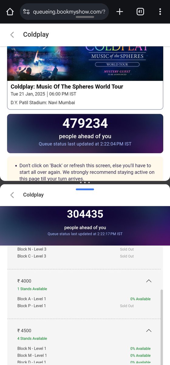 geekyDiya's tweet image. There is no transparency in your queueing algorithm. My friend started at around 20k and by the time she reached at 11k the tickets were already sold out. For a stadium with 55k seating and 3k standing capacity, how are the tickets getting sold out to only 9k people? 
#suchAScam