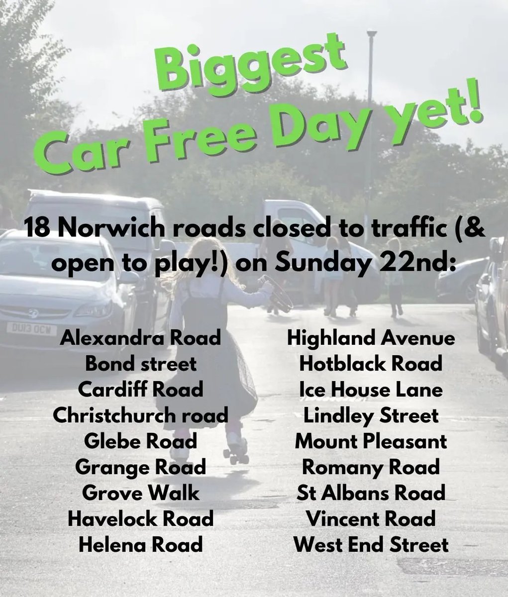It's the biggest #CarFreeDay in Norfolk ever! Do get yourself along to one of these.

Thank you to <a href="/CarFreeNorwich/">Car-Free Norwich</a> and <a href="/NorfolkCC/">Norfolk County Council</a> for making this happen.

I'm really proud that my <a href="/NorwichGreens/">Norwich Green Party</a> motion led to this. 🙂