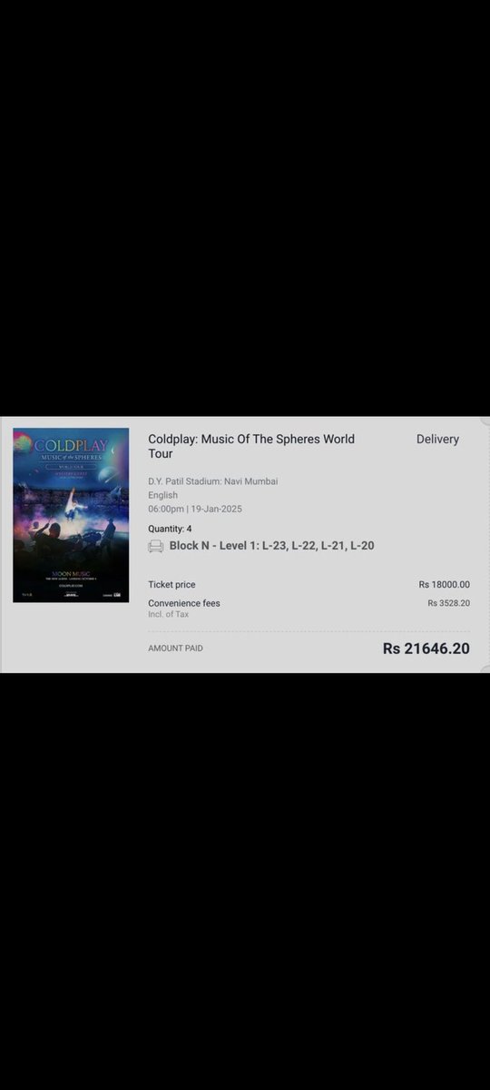 SH689001053634's tweet photo. We only need 2 tickets but i booked 5 #coldplay tickets . Like &amp; Rt we will select 3 lucky winners and will give 2 tickets

#Coldplayindia #coldplaytickets #coldplayconcert #ColdplayMumbai #Coldplay #bookmyshowlive #BookMyShow #Giveaway https://t.co/G2utETTWGL